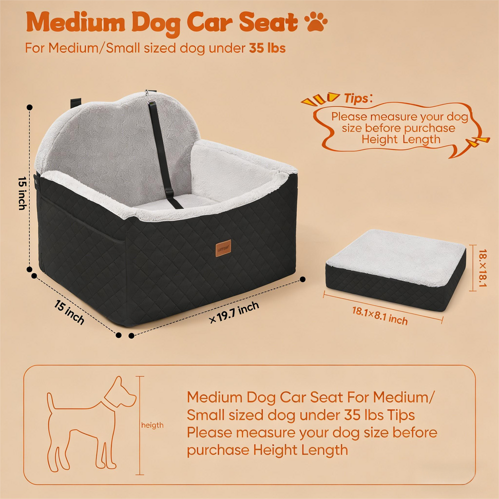 Car Seat with Storage Pockets Safety Belt, Pet Booster Cushion for Medium Dogs