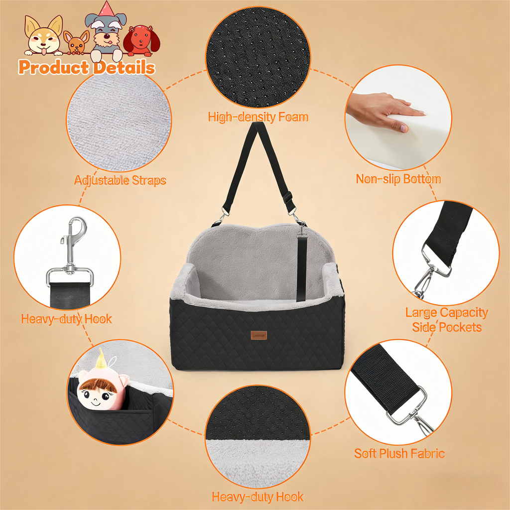 Car Seat with Storage Pockets Safety Belt, Pet Booster Cushion for Medium Dogs