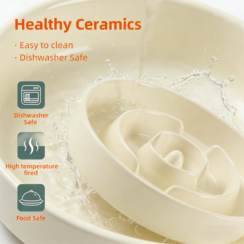 Raised Slow Feeder Dog Bowl Set, Elevated 7.3inch Bowl and 8.2inch Puzzle Slow Dish with Wooden Stand for Medium and Large Dog