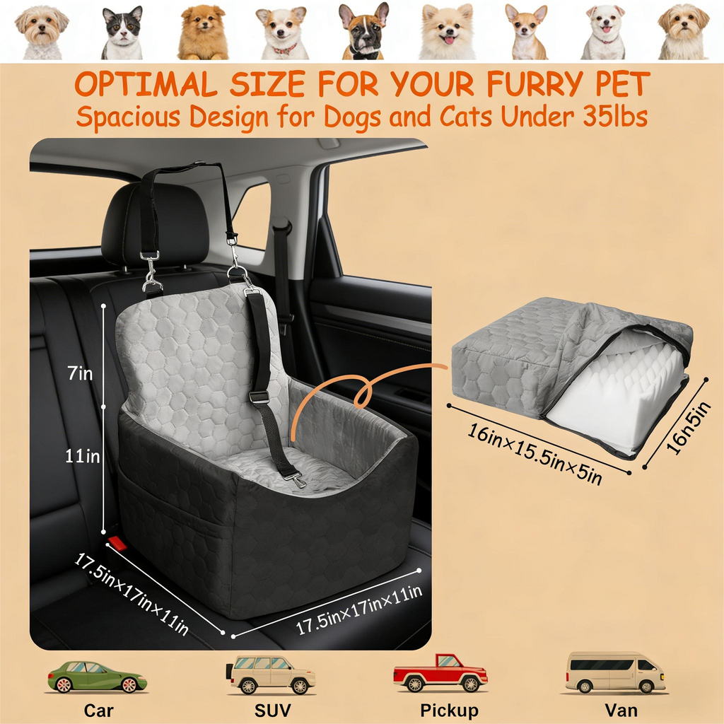 Small/Medium Dogs - Dog Booster Seat with Safety Straps & Non-Slip Base