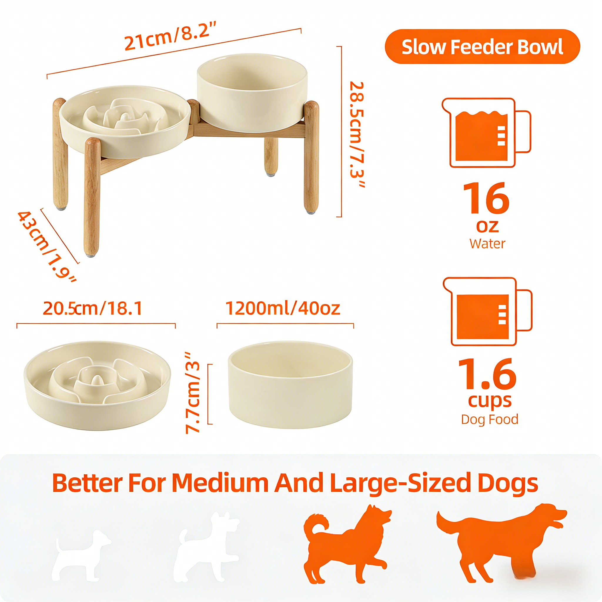 Raised Slow Feeder Dog Bowl Set, Elevated 7.3inch Bowl and 8.2inch Puzzle Slow Dish with Wooden Stand for Medium and Large Dog