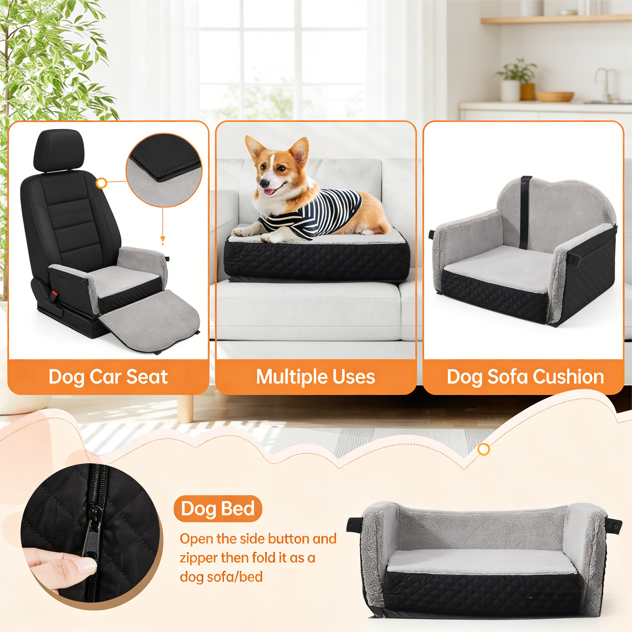 Car Seat with Storage Pockets Safety Belt, Pet Booster Cushion for Medium Dogs