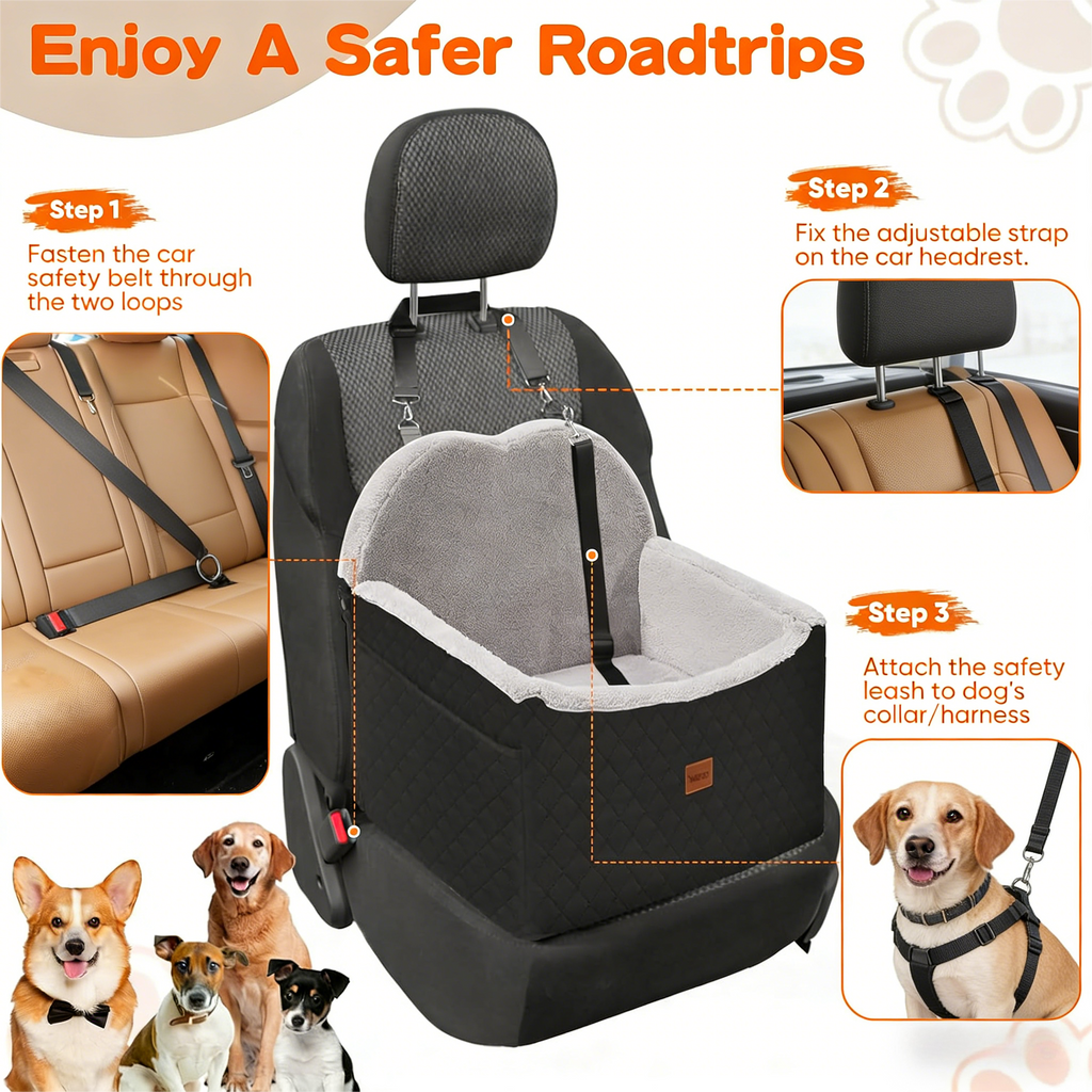 Car Seat with Storage Pockets Safety Belt, Pet Booster Cushion for Medium Dogs